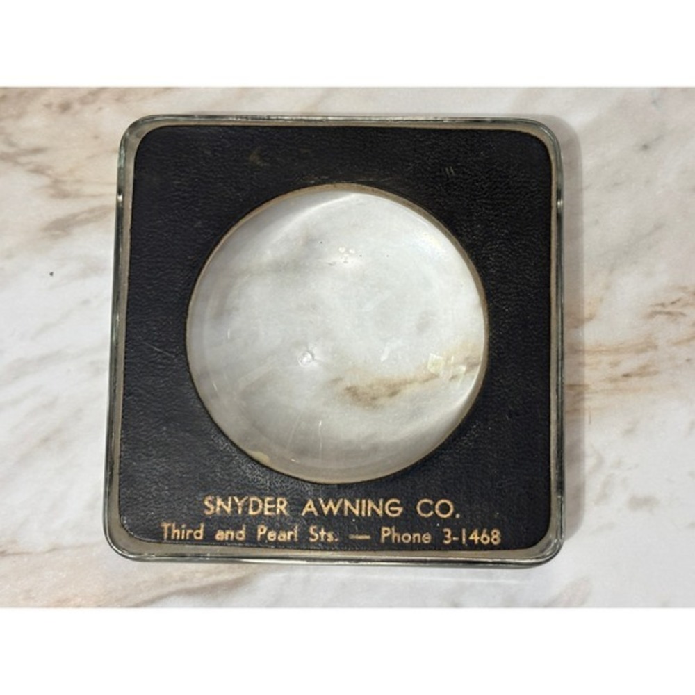 Vintage 1940s Snyder Awning Co Advertising Magnifying Glass Dome Paperweight